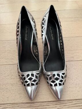 Charles David Metallic Silver Pointed-Toe Laser-Cut Pumps